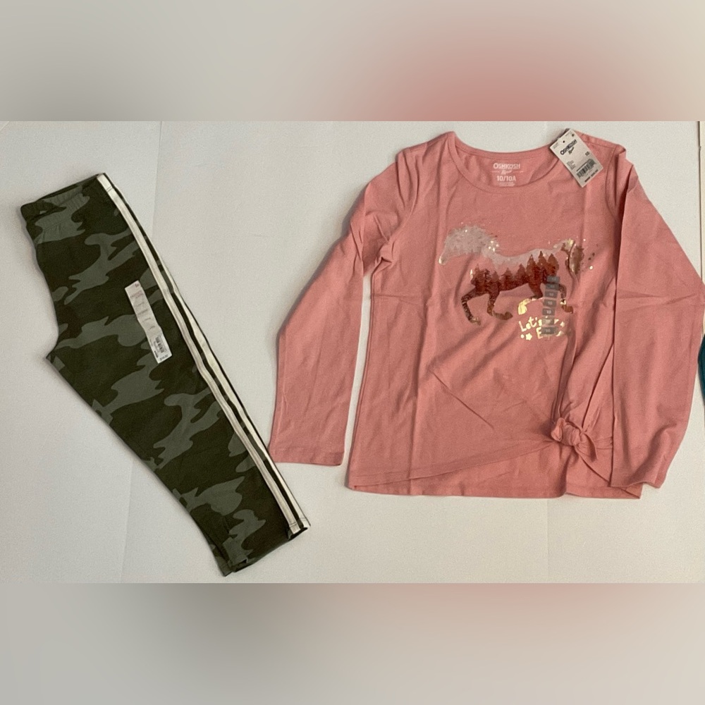 Girls OshKosh‎ Pink Horse Top Tee Camo Capri Pants Size 10 New